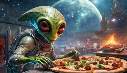 An alien bakes a pizza on the moon