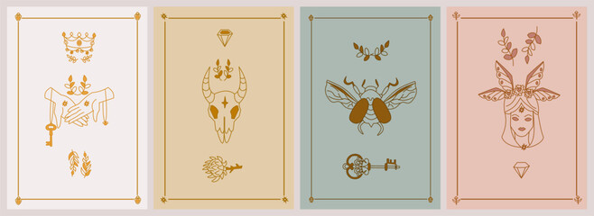 Set of esoteric posters Two hands hold key, crown, skull with horns, branches, prickly flower, diamond, flying golden scarab, Girl with flowers and wings Boho style vector outline illustration. - obrazy, fototapety, plakaty