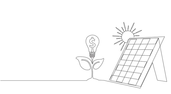 recommend clip art: Eco energy, solar panels with sun and plant, green clean energy. Ecological power plant. One solid line. Background with space for text. Hand drawn. Vector