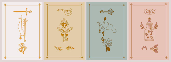 Set of esoteric posters. Hand with amulet, golden sword, mystic flower, branches, key with wings, druid sickle, Hand holding an apple, poison with stars Boho style vector outline illustration.
