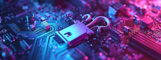 secure connection or cybersecurity service concept of computer motherboard closeup and lock with login and connecting verified credentials as wide banner design with digital technology and copy space - obrazy, fototapety, plakaty
