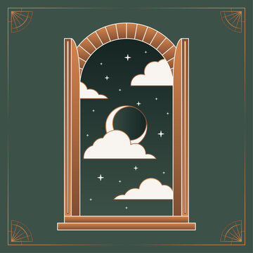 Boho frame arch vector illustration modern minimalistic retro aesthetic linear arc portal logo bohemian design element mystical geometric abstract border