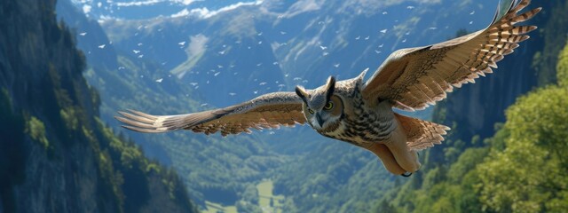 Large owl in flight over the mountains
