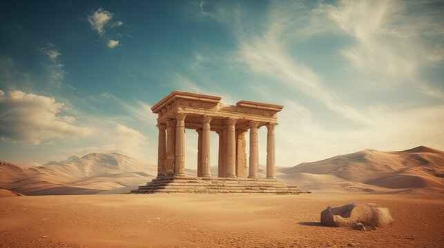 Ancient ruins in desert. Greek or Roman city on Middle Eastern and Mediterranean landscape.