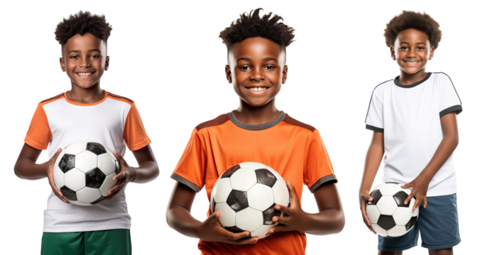 Set of happy young African American football (soccer) players, cut out