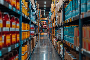 Rows of shelves with various products, selective focus - obrazy, fototapety, plakaty