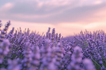 Naklejka premium Lavender Fields at Sunset Captivating Sunset Over Blooming Lavender Field in the Countryside
