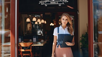 Fototapeta na wymiar Nice hostess girl standing near entrance to small European style cafe. Reception of guests in restaurant. Pretty Young female waiter. AI Generated