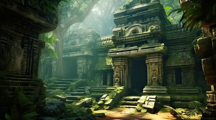 Ruins of ancient city in jungle. Old ruined buildings in forest. Archaeology and history.