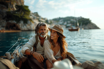 Happy couple sitting on a boat in the sea on a sunny day