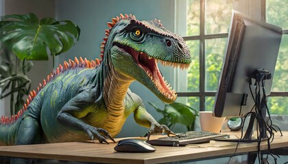 A dinosaur trying to work on a modern computer desk