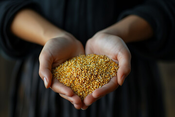 Wheat grains in the hands of a woman. Selective focus. nature