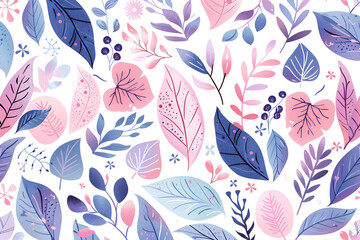 Seamless pattern with hand drawn leaves and flowers. Floral background with leaves.