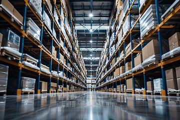 Fototapeta premium warehouse shelves with boxes, worker in warehouse, warehouse, warehouse workers in warehouse, person in a warehouse