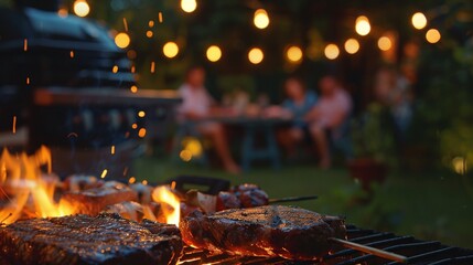 night barbecue party with people grilling steak and meat over fire, summer celebration in the garden with family and friends enjoying the evening - obrazy, fototapety, plakaty