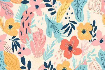 Fototapeta na wymiar Seamless pattern with hand drawn flowers and plants. Floral illustration for card, textile, print, wallpapers, wrapping.