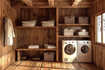 Interior of a cozy wooden laundry room in a modern house