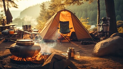 Camping in forest. Morning at camp. Traveling with tent and campfire. Summer outdoor activities - obrazy, fototapety, plakaty