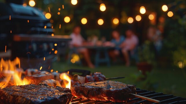 night barbecue party with people grilling steak and meat over fire, summer celebration in the garden with family and friends enjoying the evening
