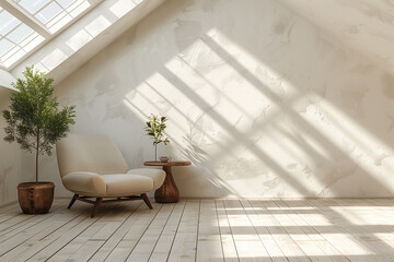 interior of an empty white living room in the attic with a skylight and an armchair