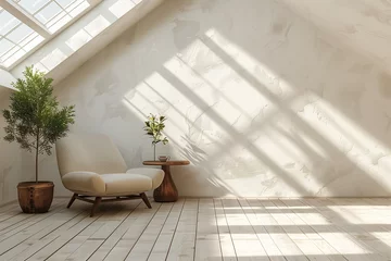 Poster interior of an empty white living room in the attic with a skylight and an armchair © kazakova0684