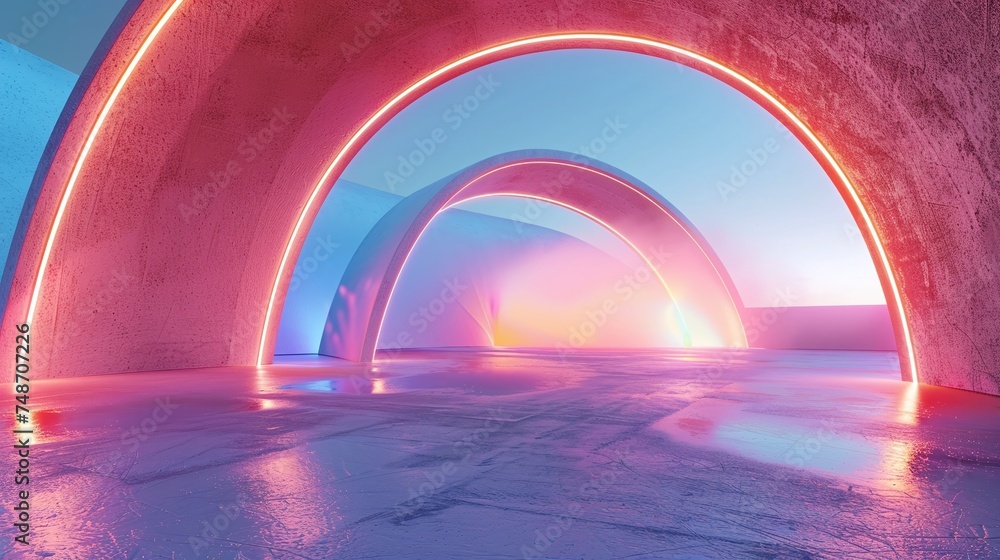 Poster urban design inspiration - abstract futuristic architecture with neon light and empty concrete floor