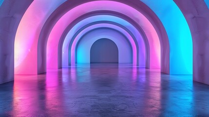 contemporary architectural innovation - abstract 3d render of futuristic structure with neon light and empty concrete floor