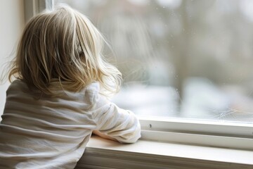 Back view of upset little girl looking at window feeling lonely thinking and waiting for parents, - obrazy, fototapety, plakaty