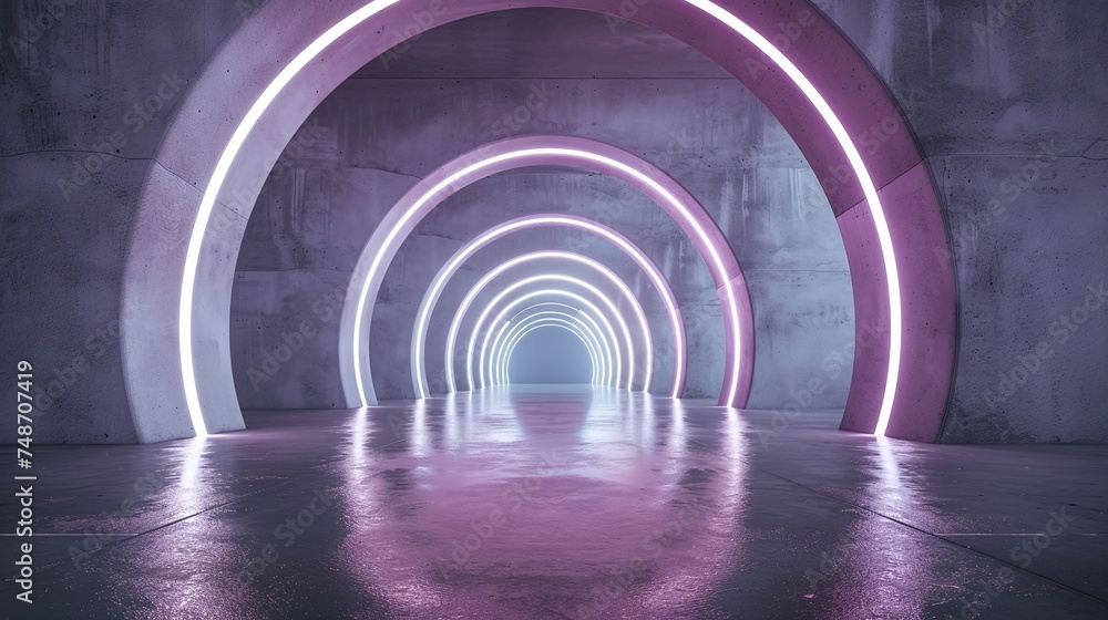 Aufkleber abstract futuristic architecture with neon light and empty concrete floor, 3d render showcasing mode