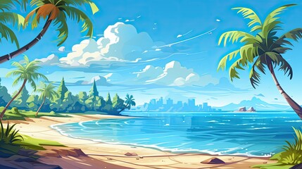 Fototapeta na wymiar Escape to Paradise: Sandy Tropical Beach with Island, Palm Leaves and Blue Sky