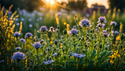 bunte wilde Blumen Kräuter Blüten in einem alten bäuerlichen Garten im Dunst der Morgensonne goldene Stunde mit Strahlen der Sonne in weichem hellen Licht des Frühling Sommer üppige Schönheit Natur - obrazy, fototapety, plakaty