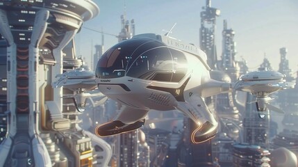 city air taxi and public aerial transportation, envisioning the future of urban mobility with passenger autonomous aerial vehicle (AAV) in a futuristic city