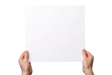 Obraz premium Hand holding blank paper isolated on transparent background Remove png, Clipping Path, pen tool