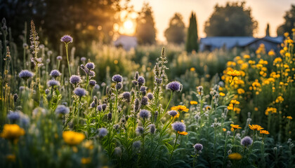 bunte wilde Blumen Kräuter Blüten in einem alten bäuerlichen Garten im Dunst der Morgensonne goldene Stunde mit Strahlen der Sonne in weichem hellen Licht des Frühling Sommer üppige Schönheit Natur