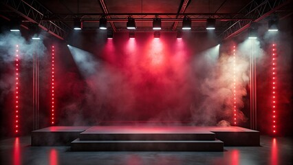 red smoke stage with smoke and fog. neon light. sci fi stage with empty red smoke empty space for...