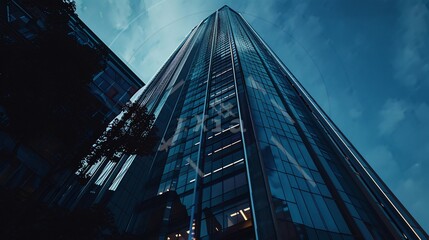 winner photo of a tall building with blue sky in the background, showcasing glass reflections and low angle nature photo on a dark background in a three point perspective view