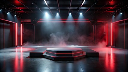 red smoke stage with smoke and fog. neon light. sci fi stage with empty red smoke empty space for your product