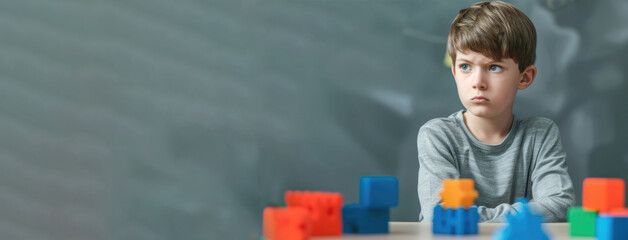 Little boy with autistic disorder playing at home with puzzles