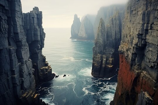 Jagged Cliffs Rising High Above Picturesque Bay Shallow Waters and Ocean Beyond