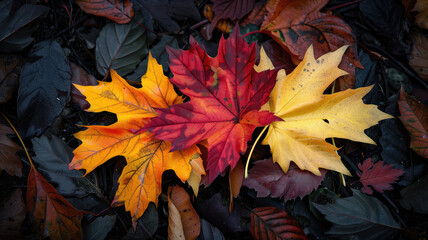 Beautiful yellow red and orange leaves in an autumn park Generative AI