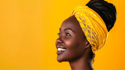 Portrait of an African-American girl with a turban on her head on an isolated background. - obrazy, fototapety, plakaty
