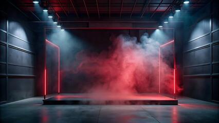 red smoke stage with smoke and fog. neon light. sci fi stage with empty red smoke empty space for...