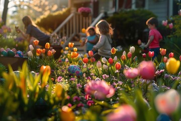 Amidst a blooming garden, children excitedly participate in an Easter egg hunt, discovering hidden treasures among the flowers. The joy and innocence of this traditional Easter activity. - obrazy, fototapety, plakaty