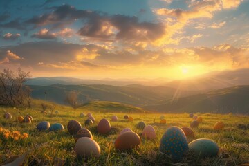 In a serene countryside setting the first light of Easter morning, illuminating a beautifully...