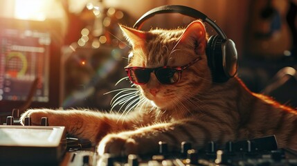 groovy ginger cat with stylish sunglasses and headphones, acting as a rock and roll DJ disc jockey...
