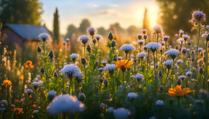 bunte wilde Blumen Kräuter Blüten in einem alten bäuerlichen Garten im Dunst der Morgensonne goldene Stunde mit Strahlen der Sonne in weichem hellen Licht des Frühling Sommer üppige Schönheit Natur - obrazy, fototapety, plakaty