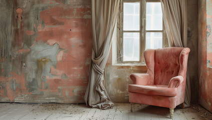 peach fuzz chair on the background of the grunge wall with copy space
