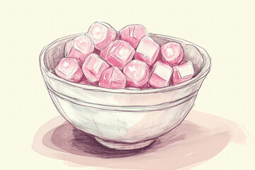 Pink marshmallows in white bowl on beige background, sweet treat for delicious dessert concept