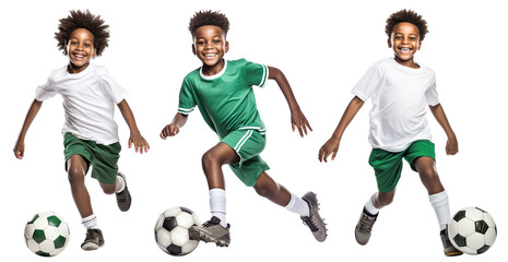 Set of happy young African American football (soccer) players, cut out