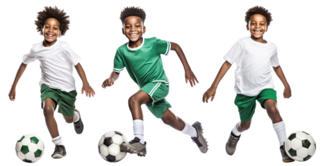 Set of happy young African American football (soccer) players, cut out